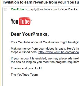 Invitation to earn revenue from your YouTube videos
